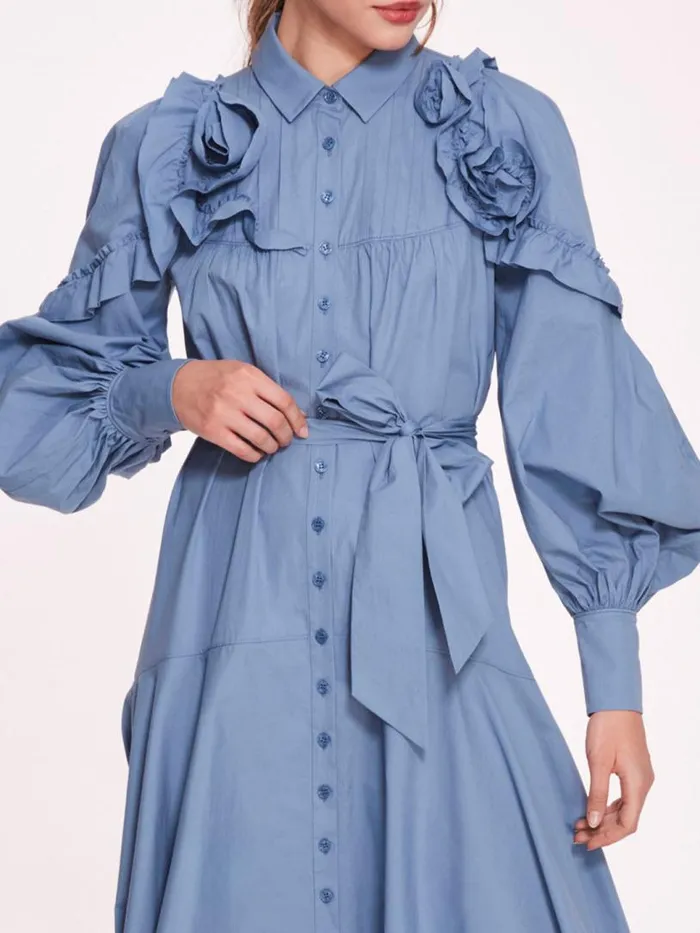 Marchesa Marchesa Rosa Rosette Ruffle Midi Dress Denim Blue 8211 Women