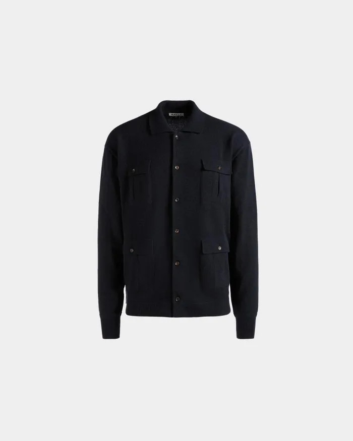 Men Bally Knitwear Long Sleeve Shirt With Logo In Navy Blue Cashmere Blue