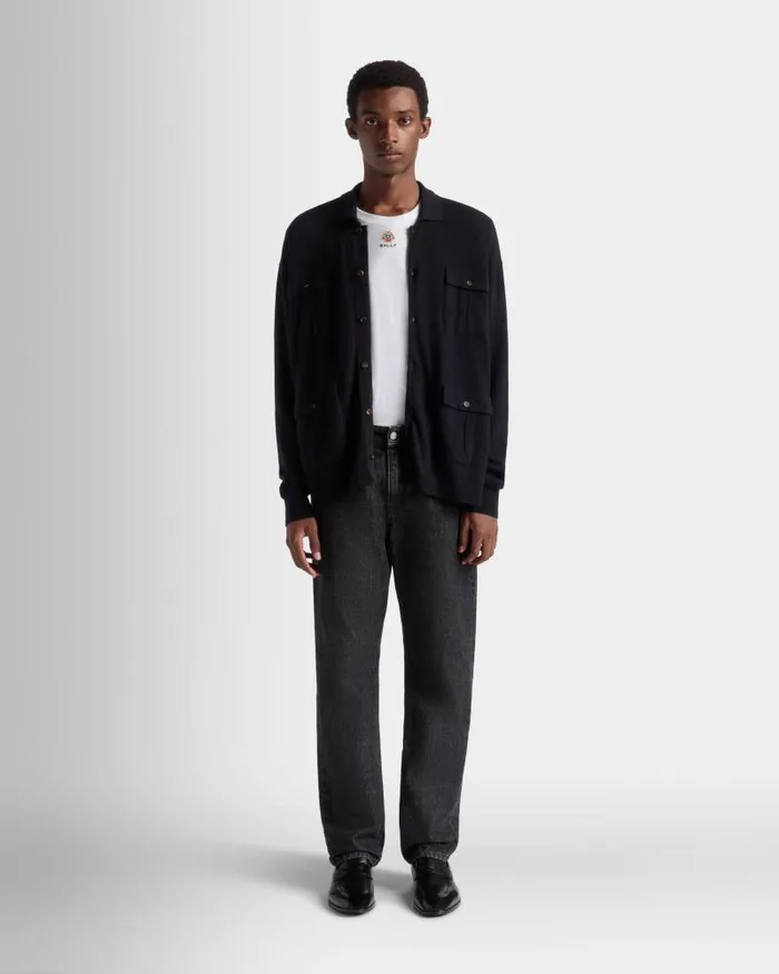Men Bally Knitwear Long Sleeve Shirt With Logo In Navy Blue Cashmere Blue Men Bally Knitwear Long Sleeve Shirt With Logo In Navy Blue Cashmere Blue