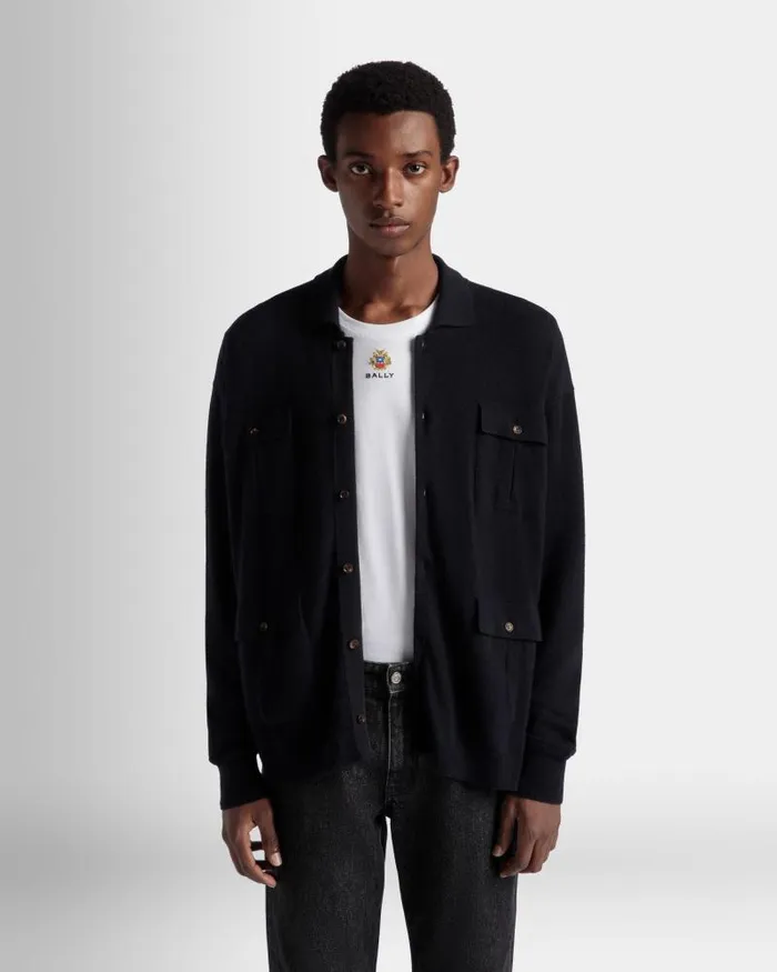 Men Bally Knitwear Long Sleeve Shirt With Logo In Navy Blue Cashmere Blue Men Bally Knitwear Long Sleeve Shirt With Logo In Navy Blue Cashmere Blue