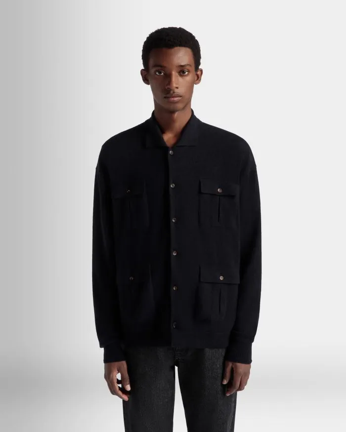 Men Bally Knitwear Long Sleeve Shirt With Logo In Navy Blue Cashmere Blue Men Bally Knitwear Long Sleeve Shirt With Logo In Navy Blue Cashmere Blue