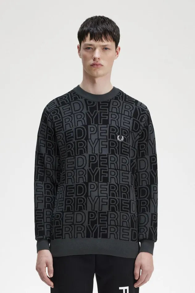 Men Block Graphic Jumper Gunmetal Fred Perry Knitwear