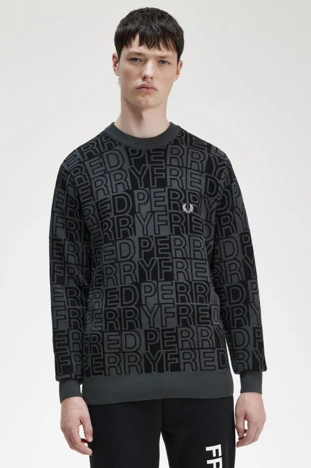 Men Block Graphic Jumper Gunmetal Fred Perry Knitwear