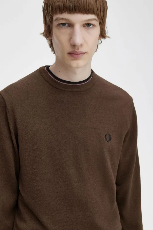 Men Classic Crew Neck Jumper Burnt Tobacco Fred Perry Knitwear