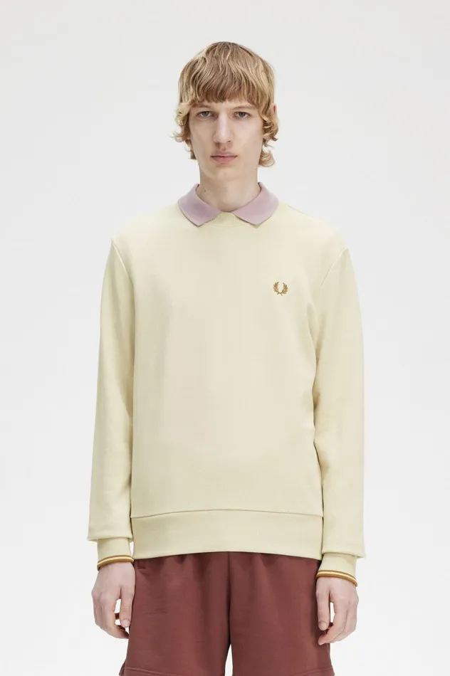 Men Crew Neck Sweatshirt Oatmeal Fred Perry Sweatshirts