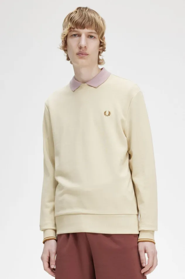 Men Crew Neck Sweatshirt Oatmeal Fred Perry Sweatshirts