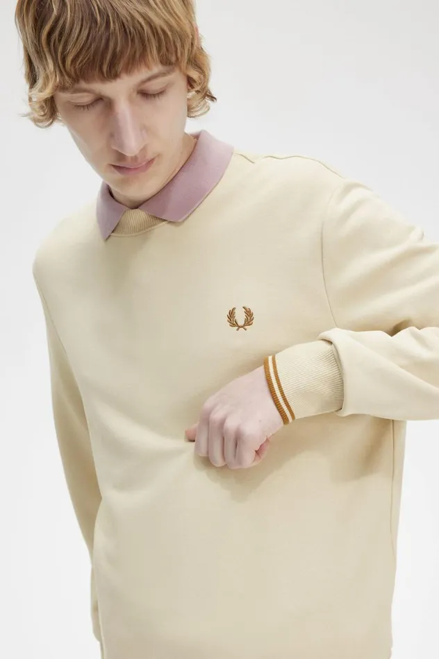 Men Crew Neck Sweatshirt Oatmeal Fred Perry Sweatshirts