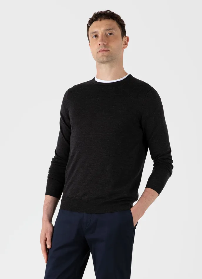 Men ExtraFine Merino Crew Neck Charcoal Melange Knitwear ussunspel Men ExtraFine Merino Crew Neck Charcoal Melange Knitwear ussunspel