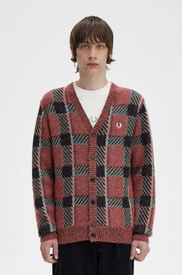Men Glitch Tartan Cardigan Whisky Brown Fred Perry Knitwear