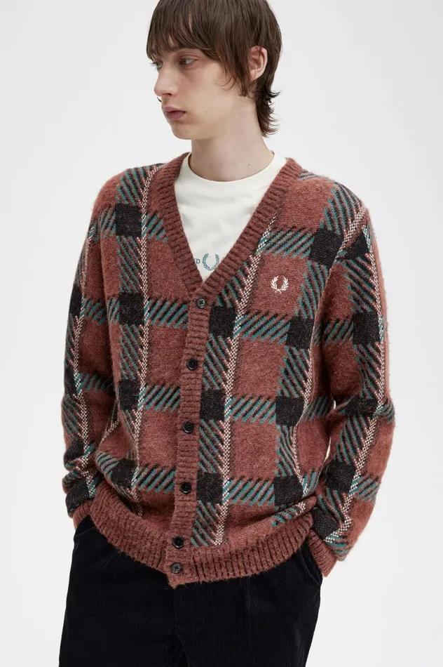 Men Glitch Tartan Cardigan Whisky Brown Fred Perry Knitwear
