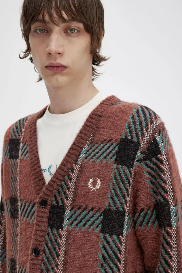 Men Glitch Tartan Cardigan Whisky Brown Fred Perry Knitwear