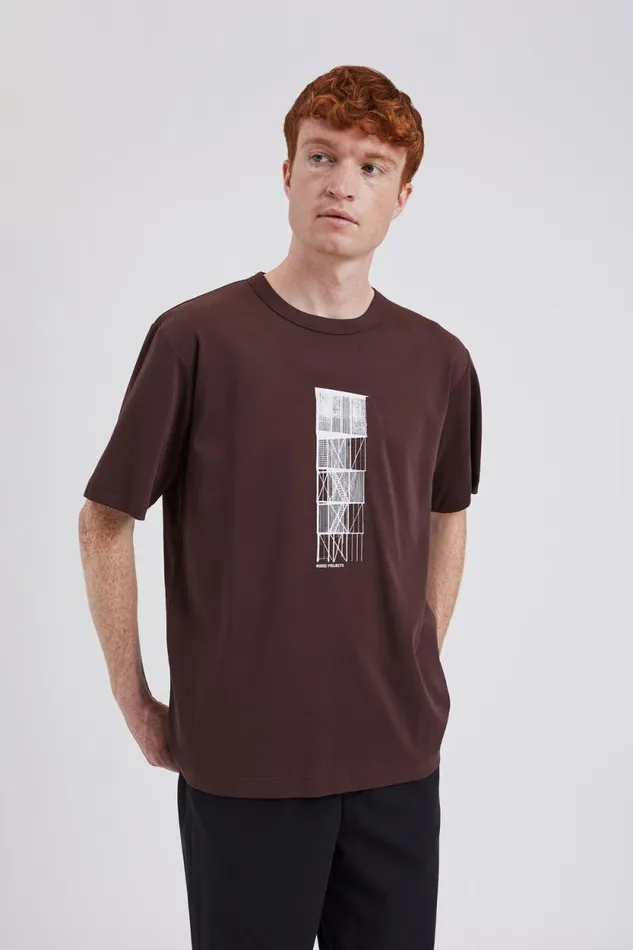 Men Holger Organic Interlock Tower Print TShirt Wine Red Norse Projects TShirts