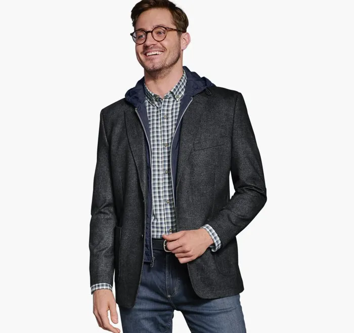 Men Johnston and Murphy Blazers Removable HoodedBib Knit Blazer Charcoalnavy