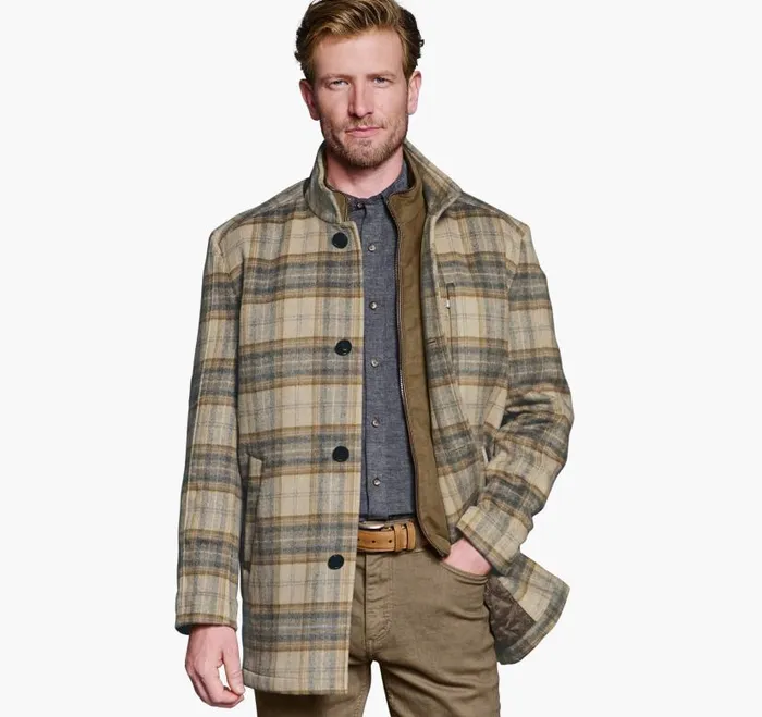 Men Johnston and Murphy Coats Jackets and Vests Upton Car Coat Tan Plaid