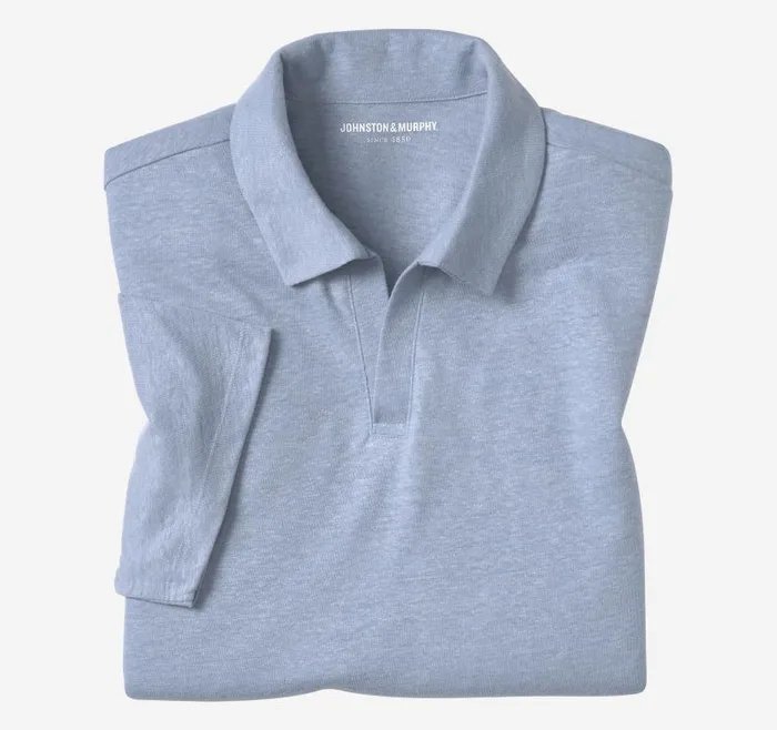 Men Johnston and Murphy Polos and Tees LinenBlend VNeck Polo Light Blue