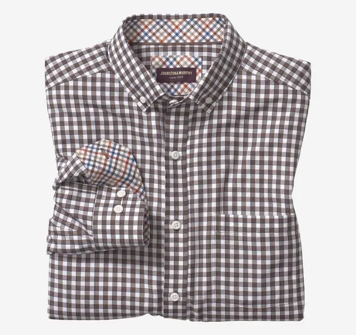 Men Johnston and Murphy Shirts LongSleeve Twill Checked Shirt Brown Border Gingham Men Johnston and Murphy Shirts LongSleeve Twill Checked Shirt Brown Border Gingham