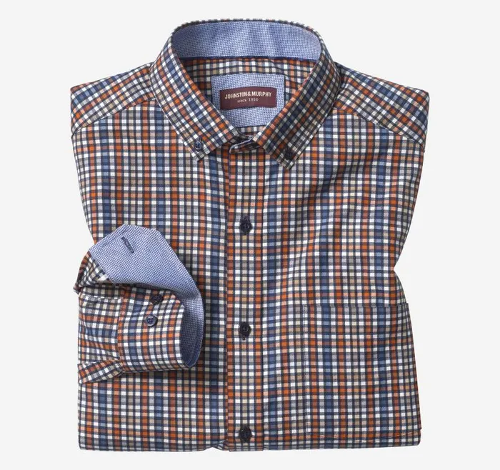 Men Johnston and Murphy Shirts LongSleeve Twill Checked Shirt Rustblue Outlined Check Men Johnston and Murphy Shirts LongSleeve Twill Checked Shirt Rustblue Outlined Check
