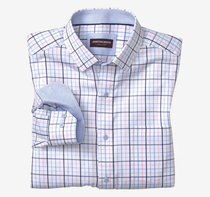 Men Johnston and Murphy Shirts Premium Cotton Shirts Pink Triple Windowpane