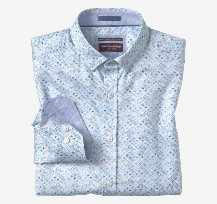 Men Johnston and Murphy Shirts Printed Cotton Shirt Aqua Watercolor Diamond