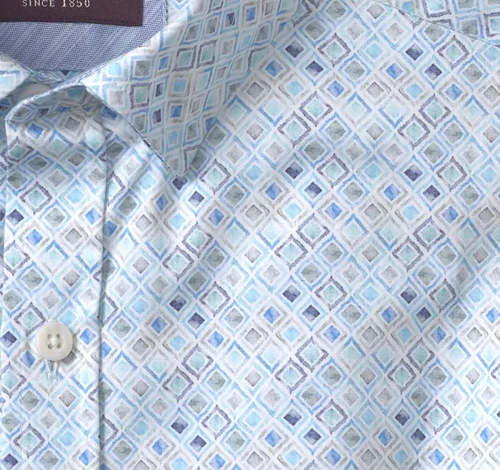 Men Johnston and Murphy Shirts Printed Cotton Shirt Aqua Watercolor Diamond Men Johnston and Murphy Shirts Printed Cotton Shirt Aqua Watercolor Diamond