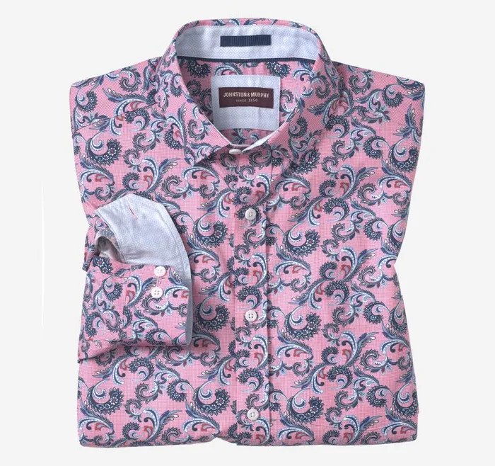 Men Johnston and Murphy Shirts Printed Cotton Shirt Pink Checkered Paisley