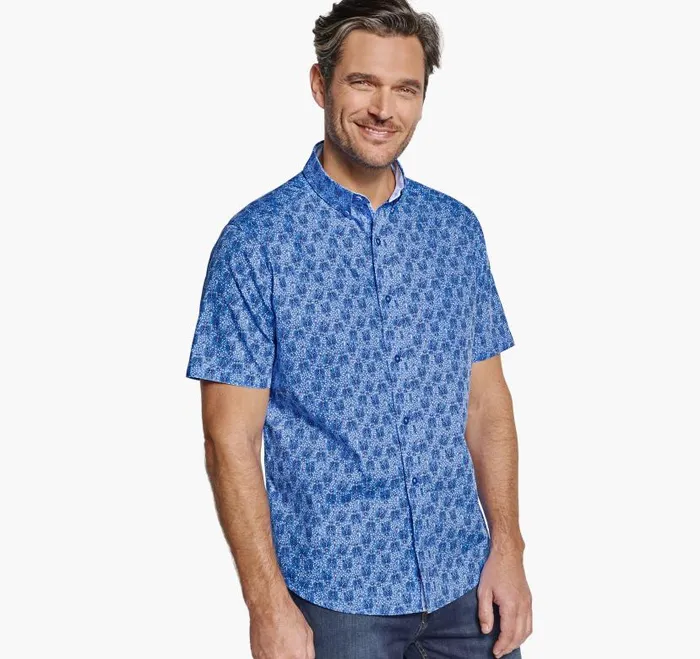 Men Johnston and Murphy ShortSleeve Shirts Printed Cotton ShortSleeve Shirt Blue Lobster
