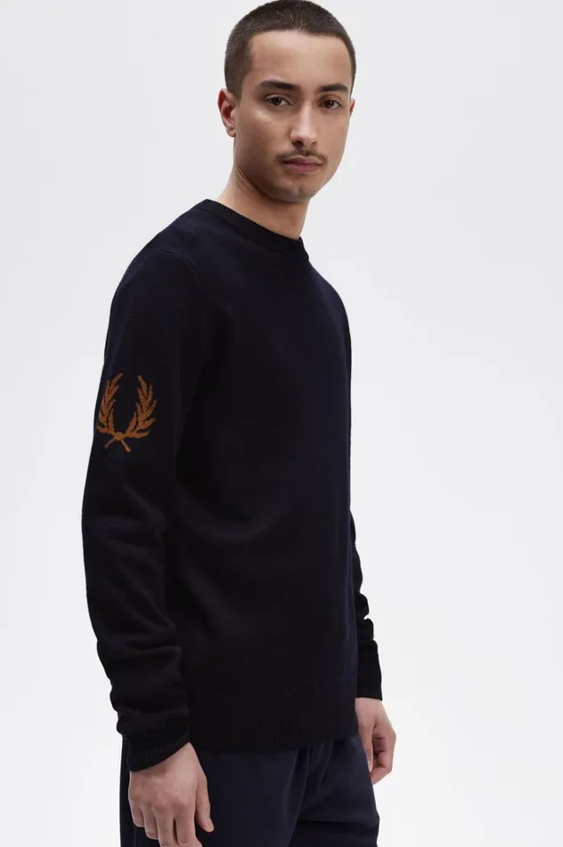 Men Laurel Wreath Crew Neck Jumper Navy Fred Perry Knitwear