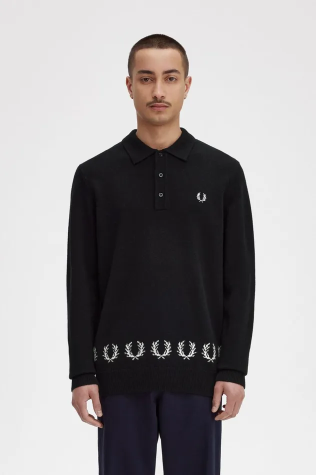 Men Laurel Wreath Trim Knitted Shirt Black Fred Perry Knitwear