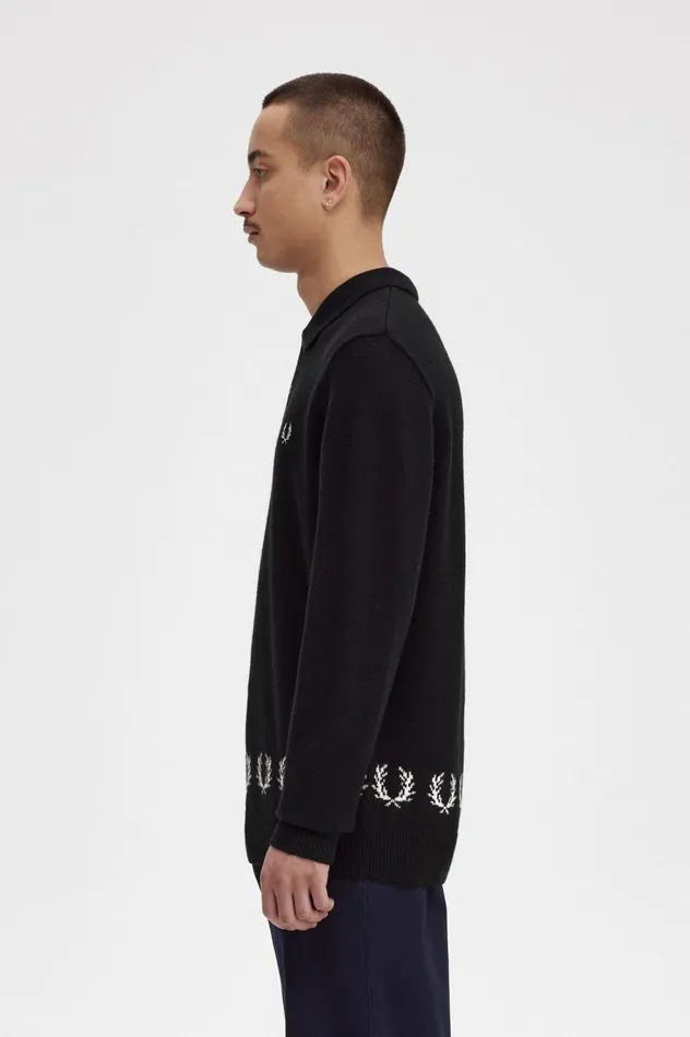 Men Laurel Wreath Trim Knitted Shirt Black Fred Perry Knitwear