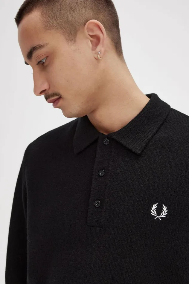 Men Laurel Wreath Trim Knitted Shirt Black Fred Perry Knitwear