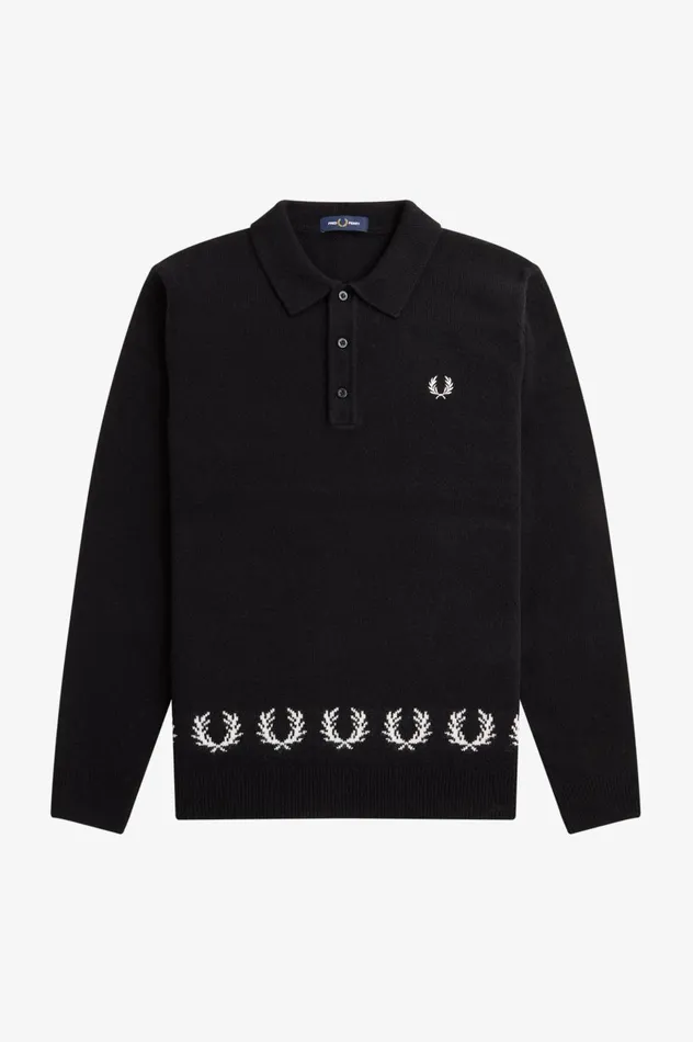 Men Laurel Wreath Trim Knitted Shirt Black Fred Perry Knitwear