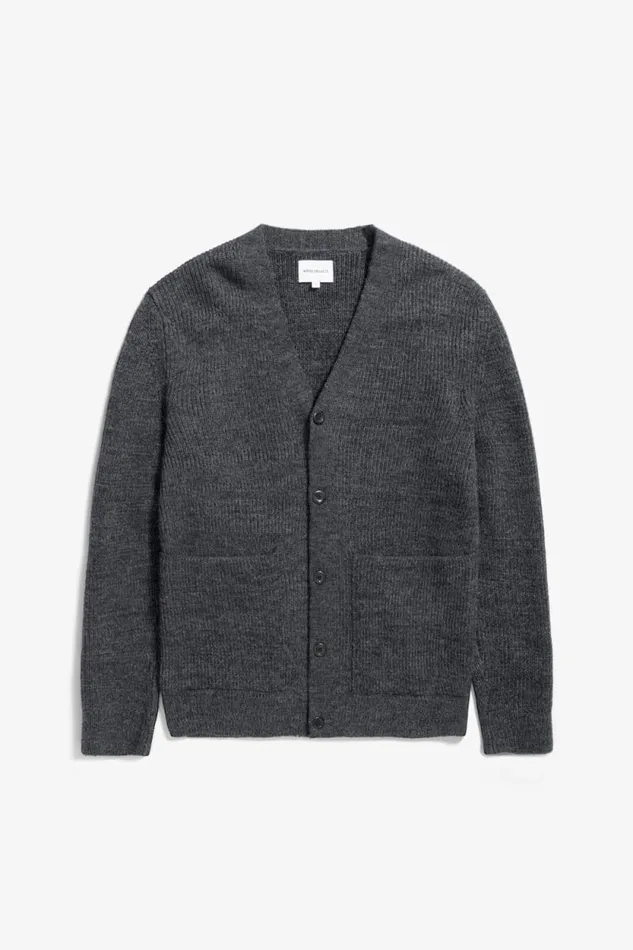 Men Loki Wool Cotton Rib Cardigan Dark Grey Melange Norse Projects Knitwear