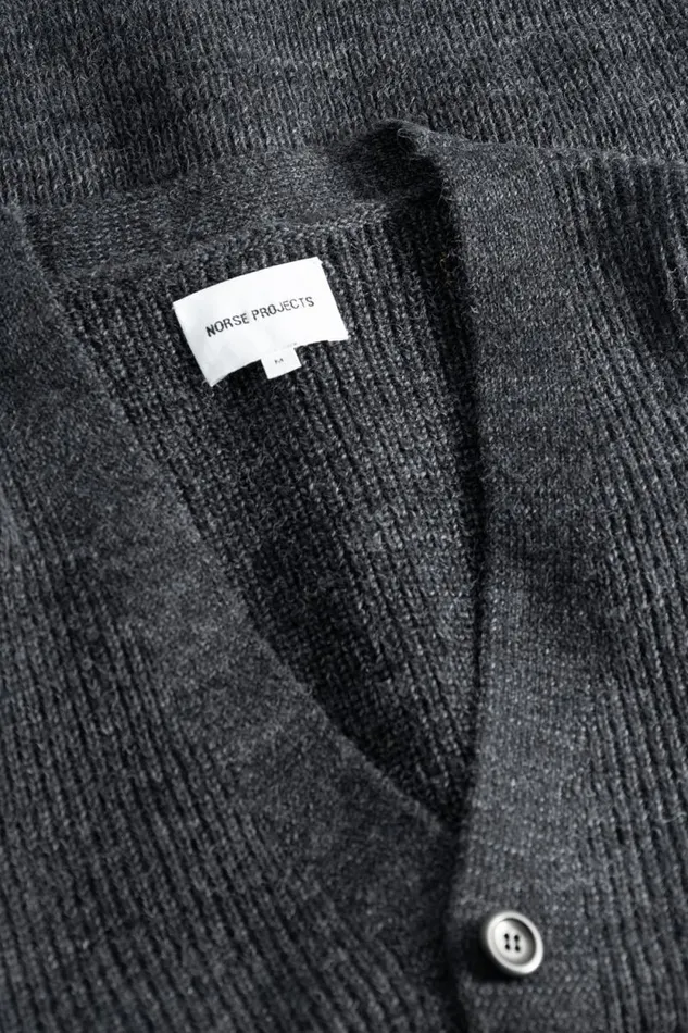 Men Loki Wool Cotton Rib Cardigan Dark Grey Melange Norse Projects Knitwear