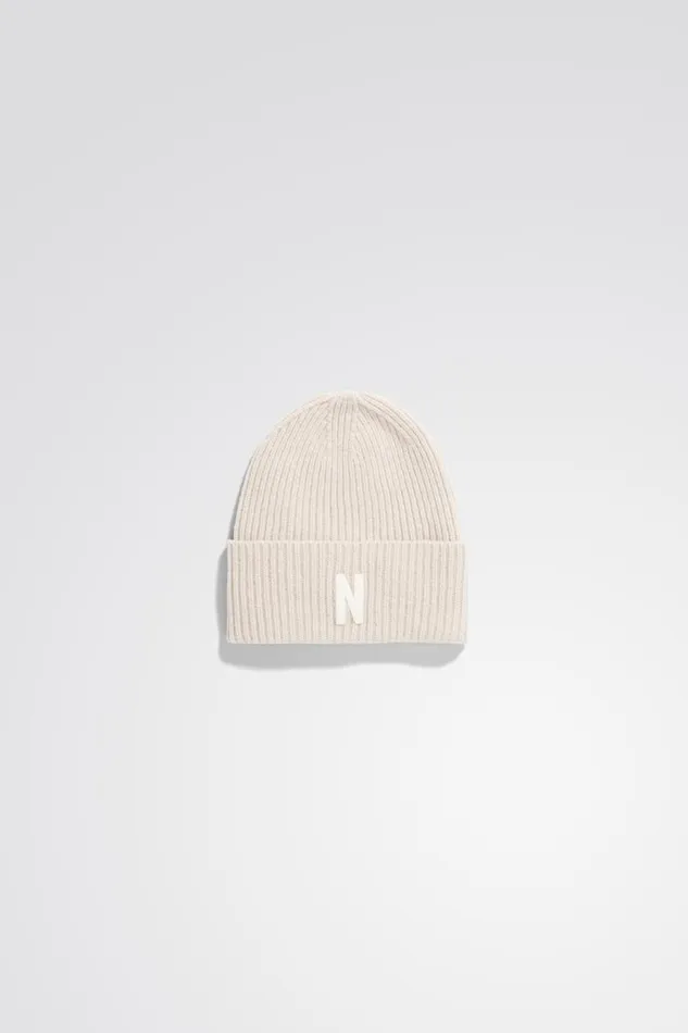 Men Merino Lambswool Rib N Logo Beanie Oatmeal Norse Projects Beanies