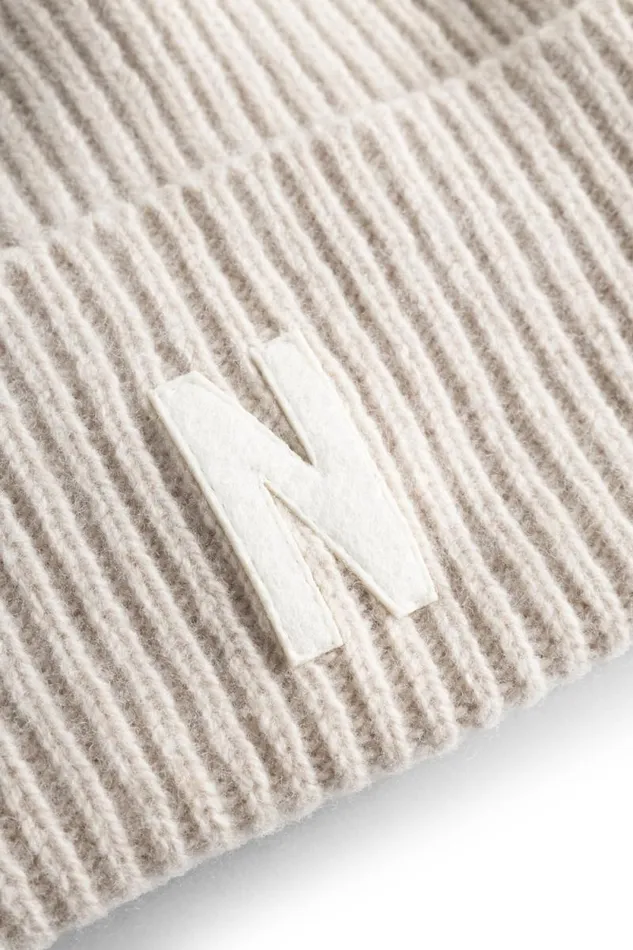 Men Merino Lambswool Rib N Logo Beanie Oatmeal Norse Projects Beanies