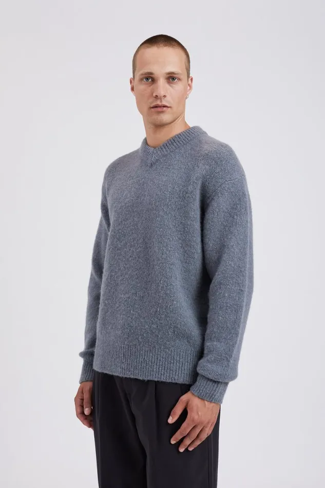 Men Rasmus Relaxed Brushed VNeck Sweater Mouse Grey Norse Projects Knitwear
