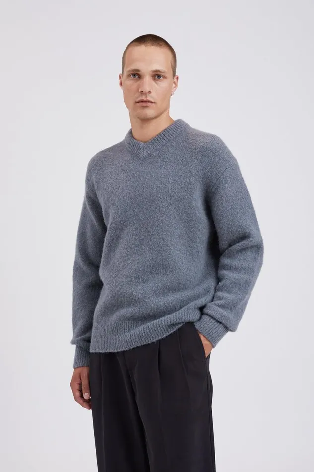 Men Rasmus Relaxed Brushed VNeck Sweater Mouse Grey Norse Projects Knitwear