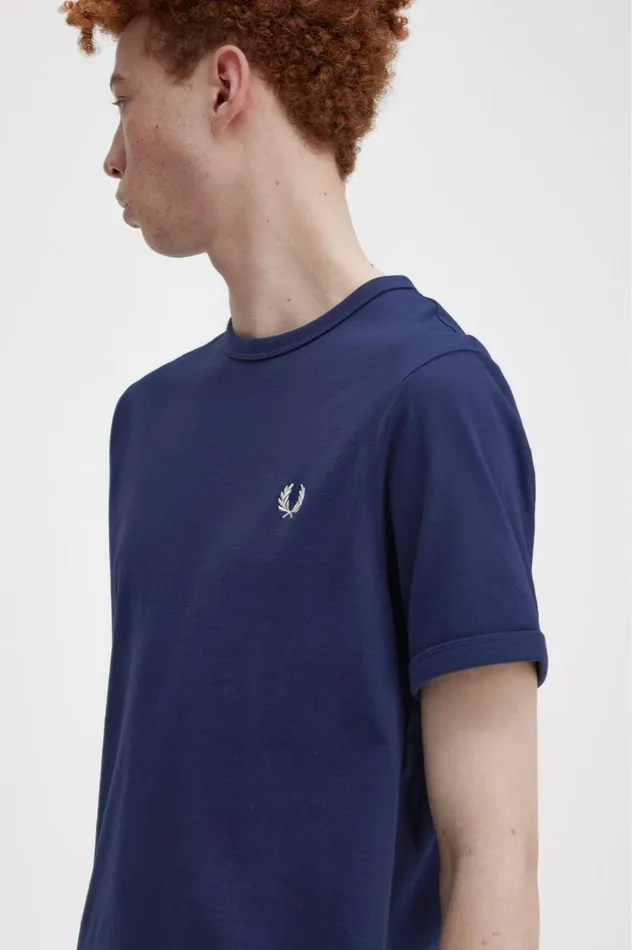 Men Ringer TShirt French Navysnow White Fred Perry TShirts