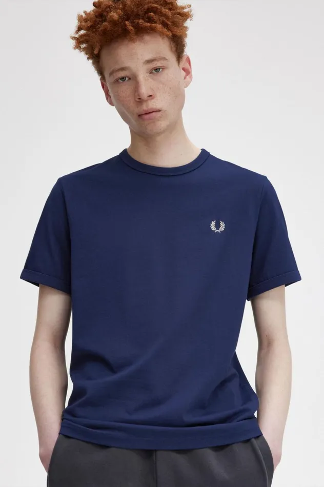 Men Ringer TShirt French Navysnow White Fred Perry TShirts