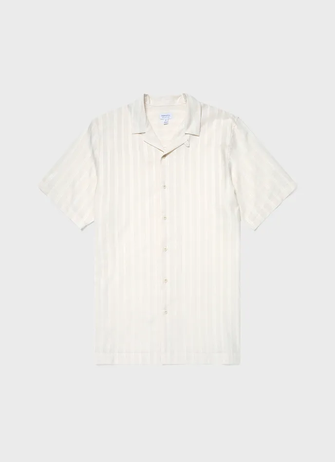 Men Shirts ussunspel Embroidered Stripe Camp Collar Shirt Ecru