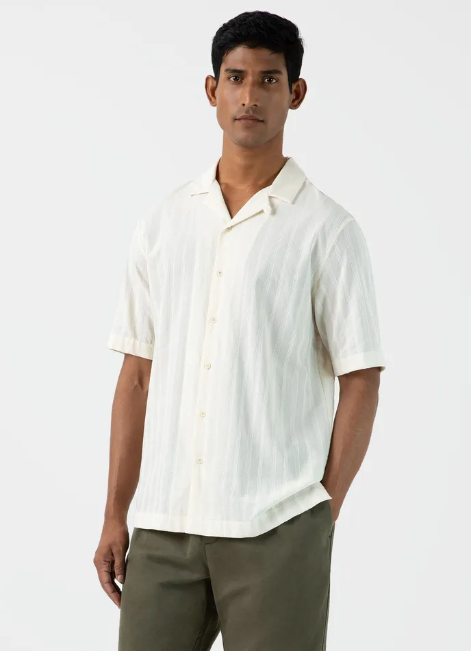 Men Shirts ussunspel Embroidered Stripe Camp Collar Shirt Ecru Men Shirts ussunspel Embroidered Stripe Camp Collar Shirt Ecru