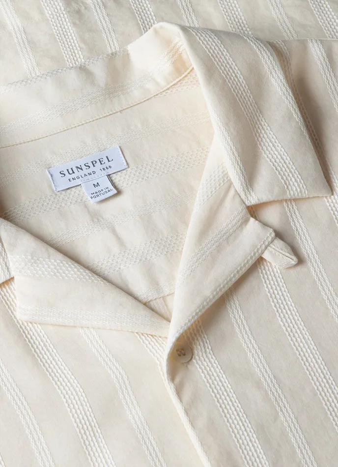 Men Shirts ussunspel Embroidered Stripe Camp Collar Shirt Ecru Men Shirts ussunspel Embroidered Stripe Camp Collar Shirt Ecru