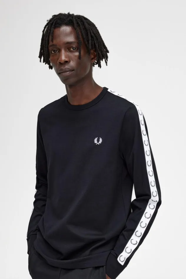 Men Taped Long Sleeve TShirt Black Fred Perry TShirts