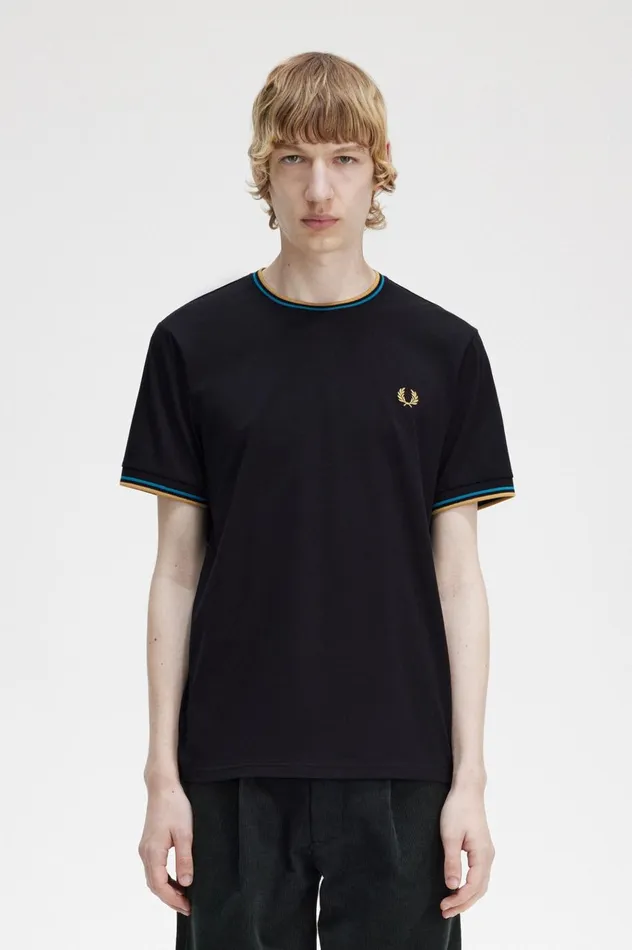 Men Twin Tipped TShirt Blackcyber Bluelight Rust Fred Perry TShirts