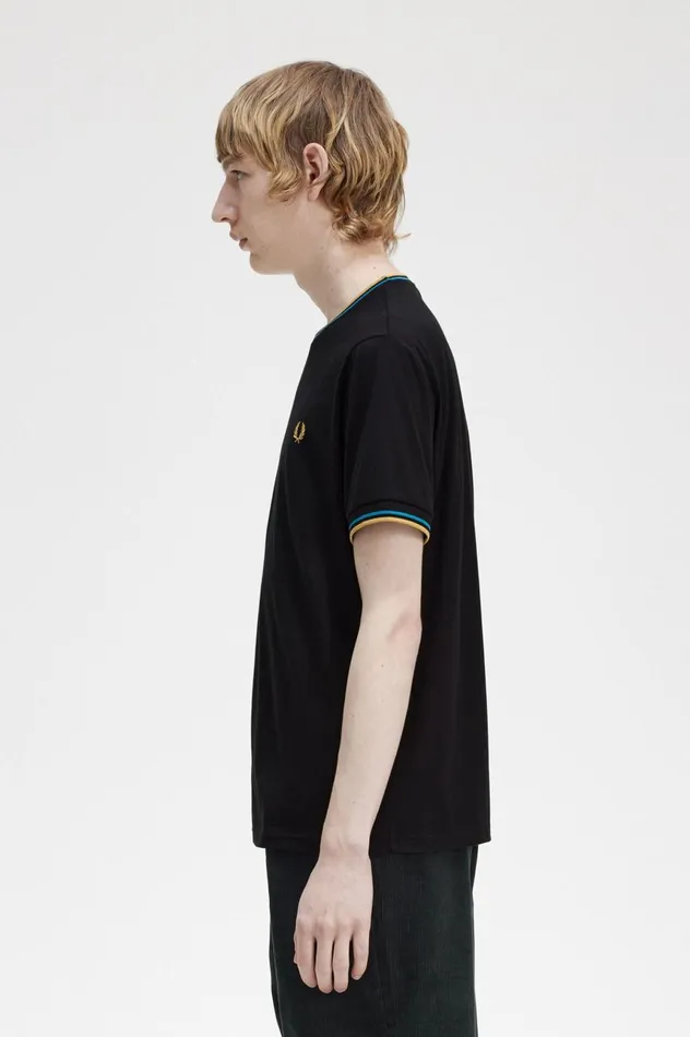 Men Twin Tipped TShirt Blackcyber Bluelight Rust Fred Perry TShirts