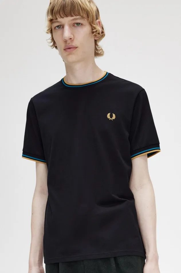 Men Twin Tipped TShirt Blackcyber Bluelight Rust Fred Perry TShirts