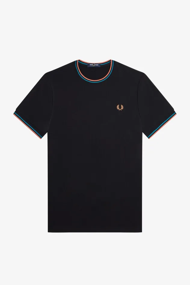 Men Twin Tipped TShirt Blackcyber Bluelight Rust Fred Perry TShirts