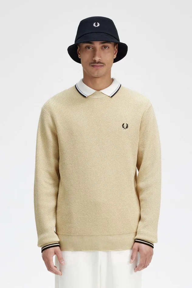 Men Waffle Stitch Jumper Oatmeal Fred Perry Knitwear