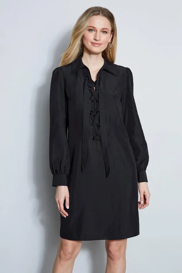 Midi Dresses Women Elie Tahari Lace Up Dress NOIR Midi Dresses Women Elie Tahari Lace Up Dress NOIR