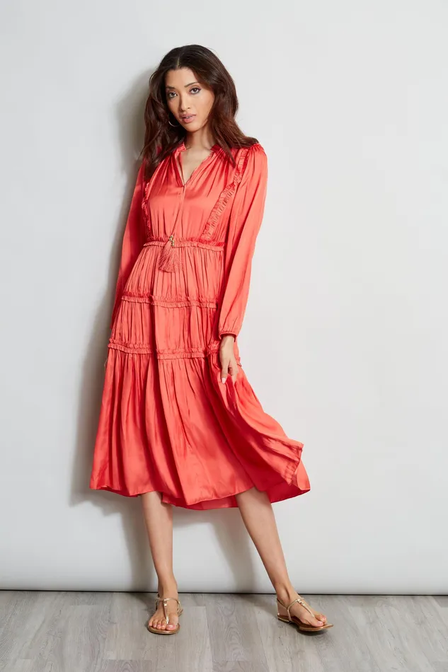 Midi Dresses Women Elie Tahari Long Sleeve Ruffle Midi Dress WILD FLOWER